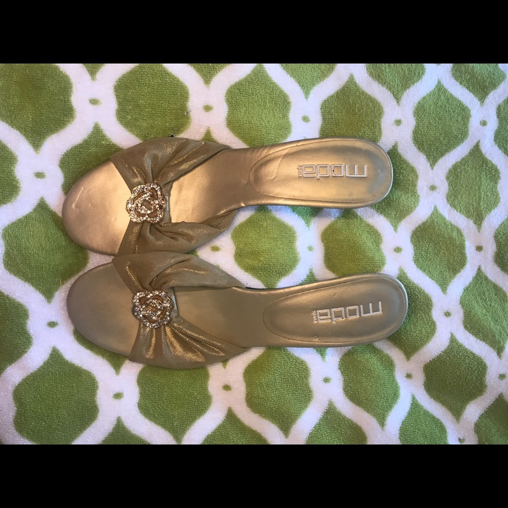 Gold Slip On Heels w/ Flower Accent